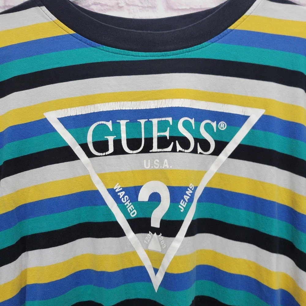 GUESS Originals Striped Logo Tshirt Mens Sz M Y2K Retro Streetwear Skater Casual - Picture 4 of 8